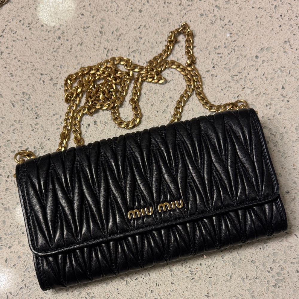 Miu Miu Black Quilted Leather Clutch with Gold Chain